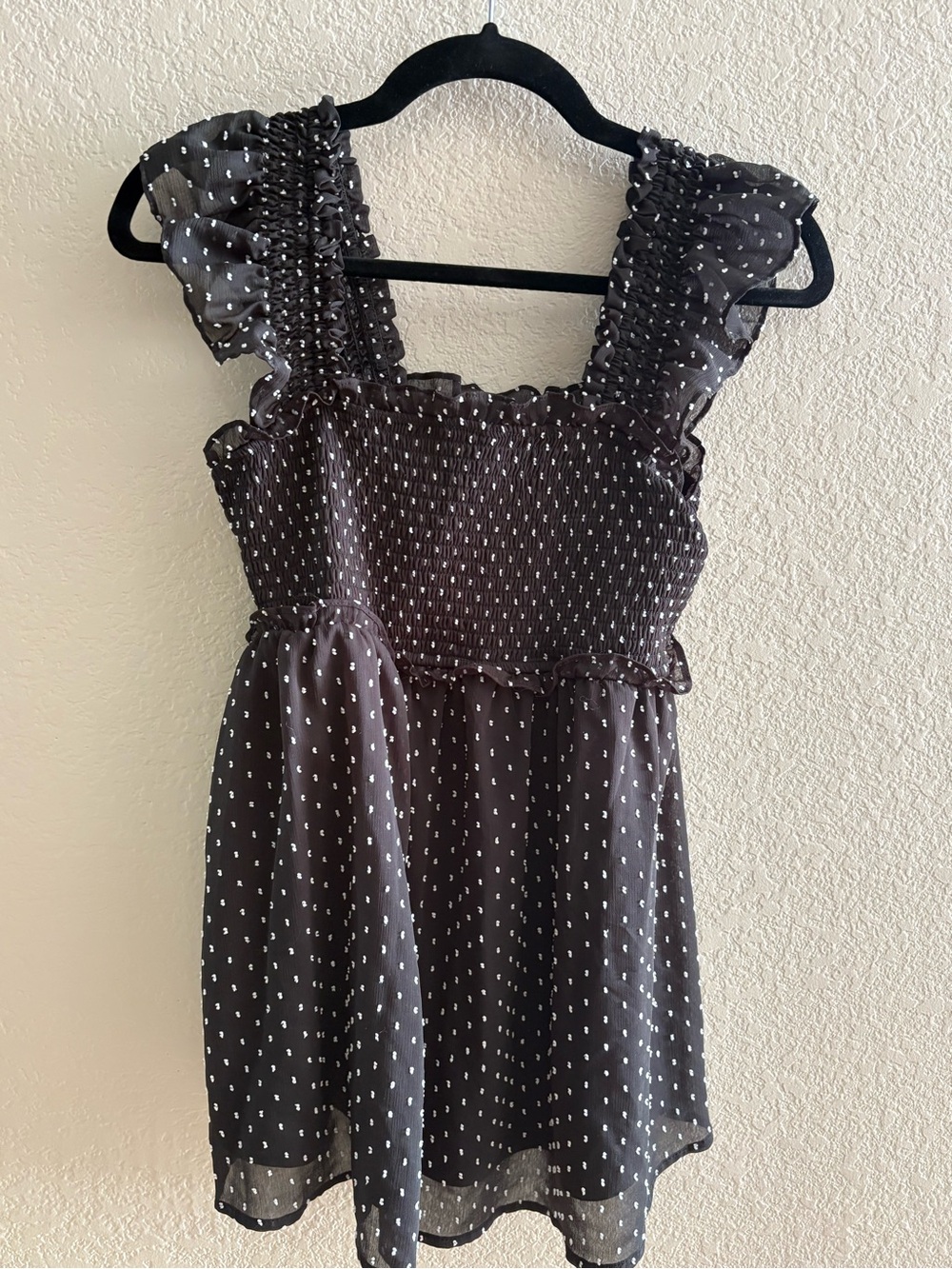 Motherhood Black Polka Dot Smocked Ruffle Strap Top
